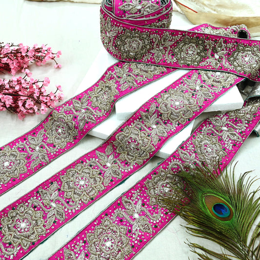 Indian Vintage Sari Border Magenta Hand Embroidered Craft Trim Lace 1Yd Sewing Sari Ribbon Dress making Dress Designing Decor Dabka