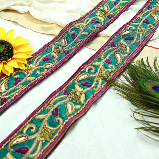 Indian Vintage Sari Border Green Hand Embroidered Craft Trim Lace 1Yd Sewing Sari Ribbon Dress making Dress Designing Decor Dabka