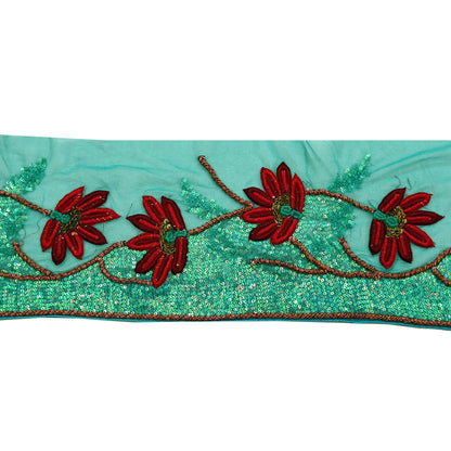 Indian Vintage Green Sari Border Hand Embroidered 1yd Craft Trim Lace Sewing Net/Mess Ribbon Recycled Sari Border Zardozi/ Dabka Zari