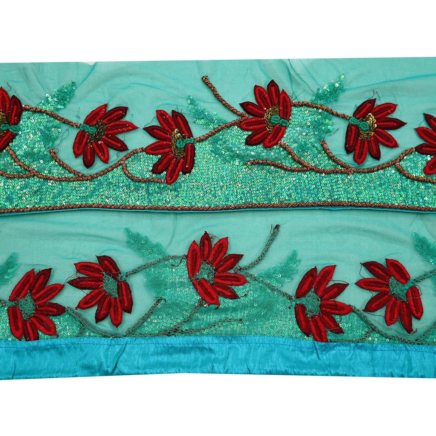 Indian Vintage Green Sari Border Hand Embroidered 1yd Craft Trim Lace Sewing Net/Mess Ribbon Recycled Sari Border Zardozi/ Dabka Zari