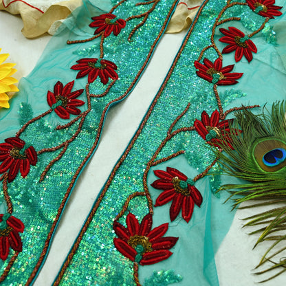 Indian Vintage Green Sari Border Hand Embroidered 1yd Craft Trim Lace Sewing Net/Mess Ribbon Recycled Sari Border Zardozi/ Dabka Zari