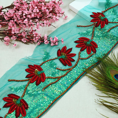 Indian Vintage Green Sari Border Hand Embroidered 1yd Craft Trim Lace Sewing Net/Mess Ribbon Recycled Sari Border Zardozi/ Dabka Zari