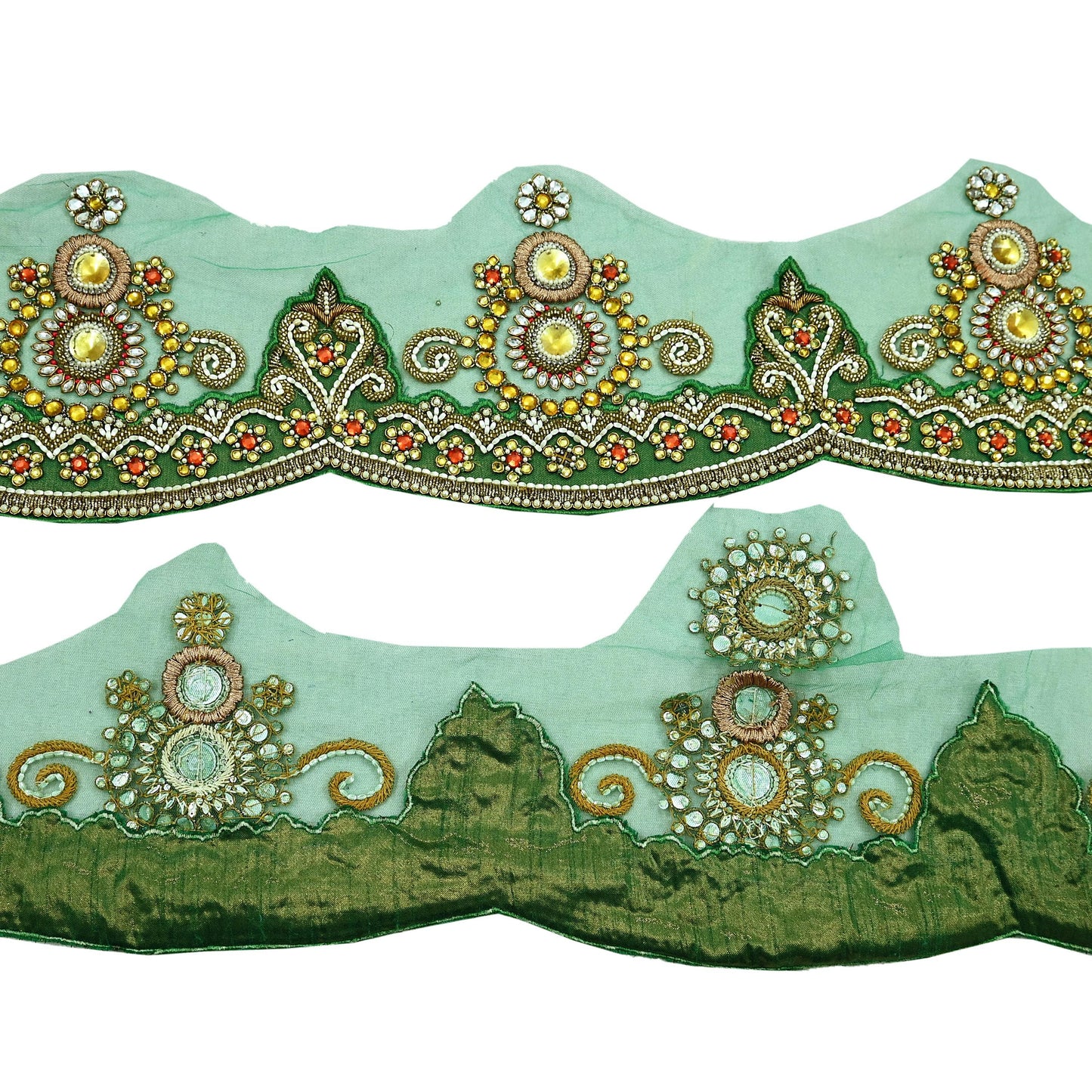 Indian Vintage Green Sari Border Hand Embroidered 1yd Craft Trim Lace Sewing Net/Mess Ribbon Recycled Sari Border Zardozi/ Dabka Zari