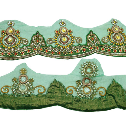 Indian Vintage Green Sari Border Hand Embroidered 1yd Craft Trim Lace Sewing Net/Mess Ribbon Recycled Sari Border Zardozi/ Dabka Zari