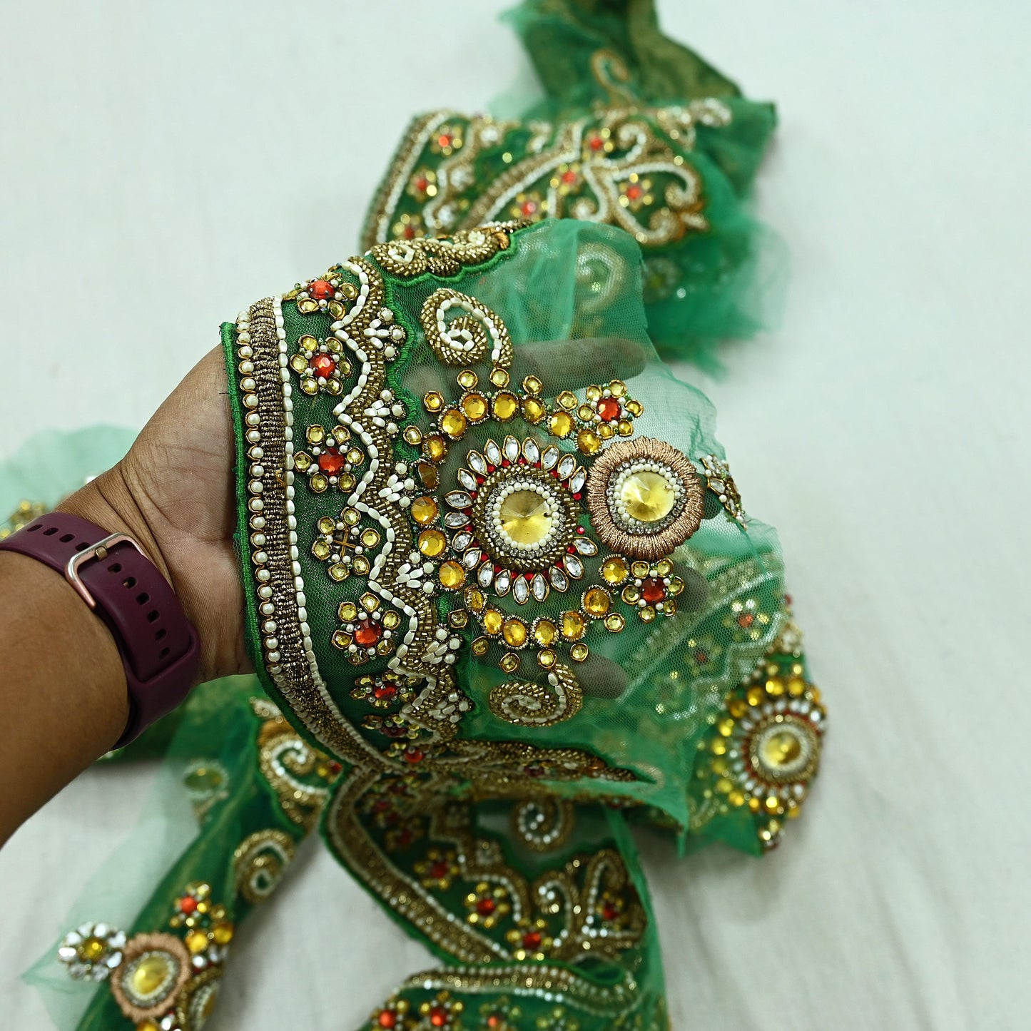 Indian Vintage Green Sari Border Hand Embroidered 1yd Craft Trim Lace Sewing Net/Mess Ribbon Recycled Sari Border Zardozi/ Dabka Zari