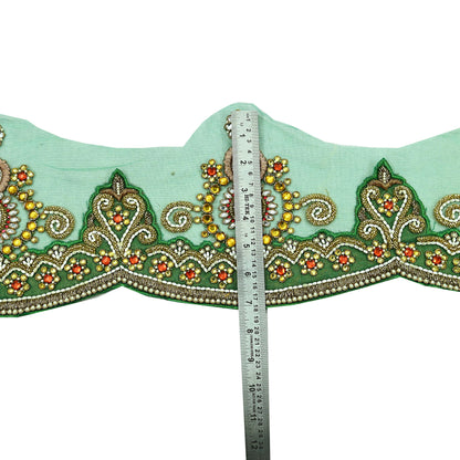 Indian Vintage Green Sari Border Hand Embroidered 1yd Craft Trim Lace Sewing Net/Mess Ribbon Recycled Sari Border Zardozi/ Dabka Zari