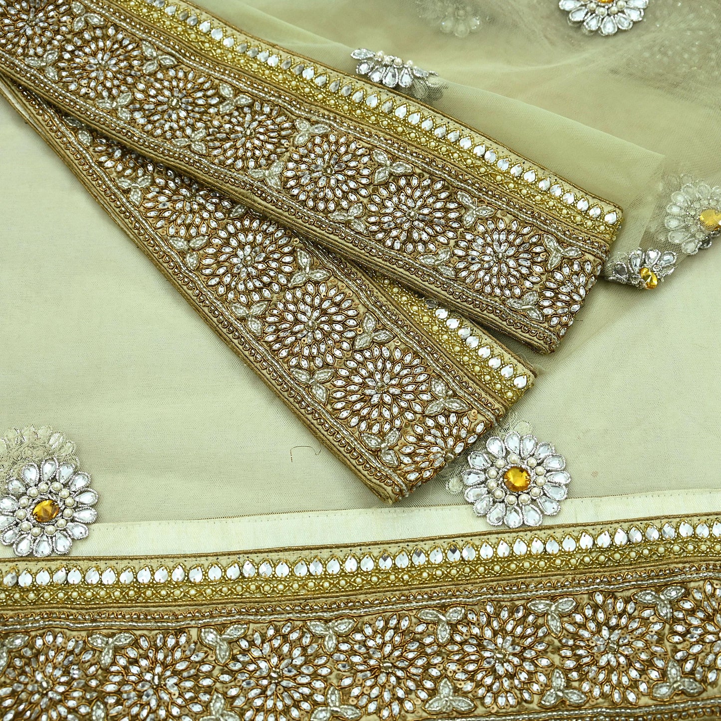 Indian Vintage Heavy Olive Green Dupatta Net Mesh Long Stole Hand Embroidered Scarf Zardozi Zari Sequins Stole