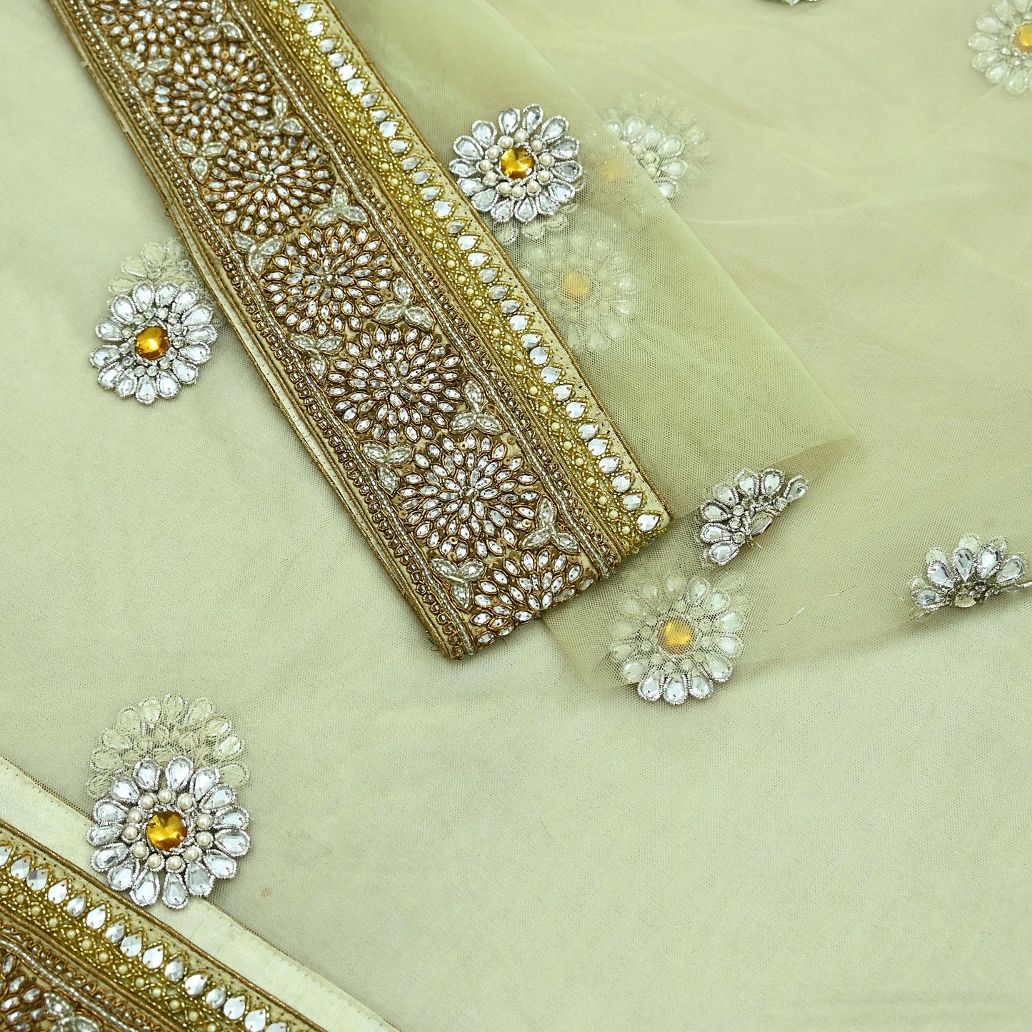 Indian Vintage Heavy Olive Green Dupatta Net Mesh Long Stole Hand Embroidered Scarf Zardozi Zari Sequins Stole