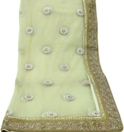 Indian Vintage Heavy Olive Green Dupatta Net Mesh Long Stole Hand Embroidered Scarf Zardozi Zari Sequins Stole