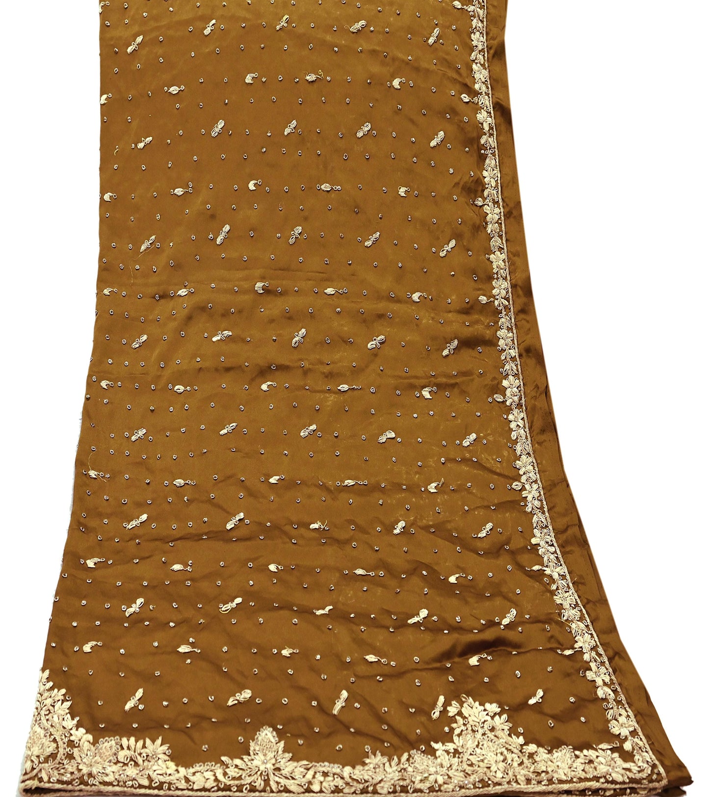Indian Vintage Heavy Wedding Green Dupatta Pure Satin Silk Long Stole Hand Embroidered Scarves Golden Zardozi Veil