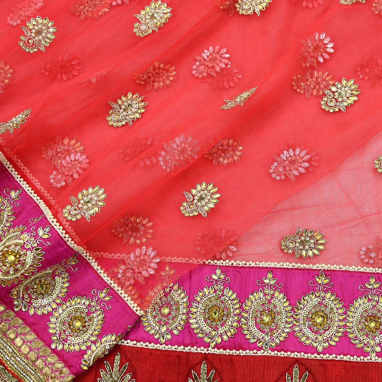 Indian Vintage Heavy Bridal Bright Red Dupatta Net Mesh Long Stole Hand Embroidered Scarves Silver Zardozi Dabka Zari Wedding veil hijab