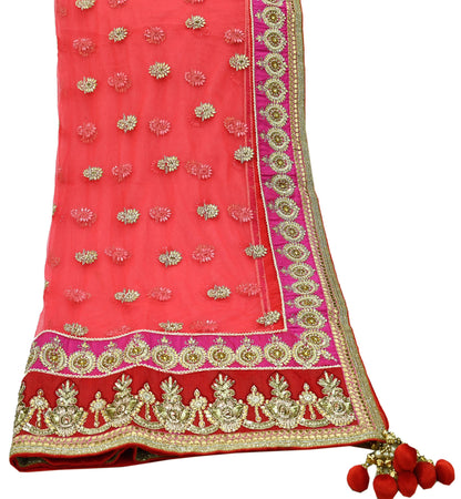 Indian Vintage Heavy Bridal Bright Red Dupatta Net Mesh Long Stole Hand Embroidered Scarves Silver Zardozi Dabka Zari Wedding veil hijab