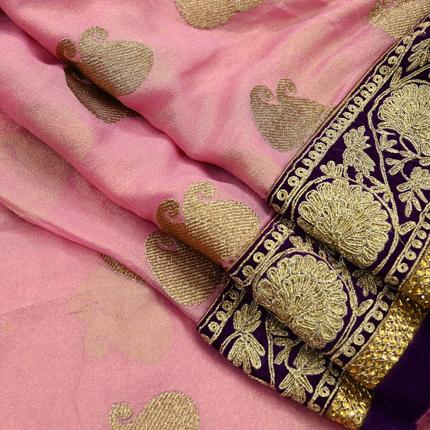 Indian Vintage Heavy Pink Dupatta Pure Georgette Silk Long Stole Hand Embroidered Scarf Zari Zardozi Bridal/ Wedding Veil Hijab