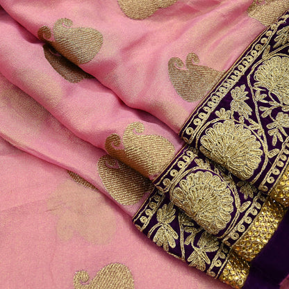Indian Vintage Heavy Pink Dupatta Pure Georgette Silk Long Stole Hand Embroidered Scarf Zari Zardozi Bridal/ Wedding Veil Hijab
