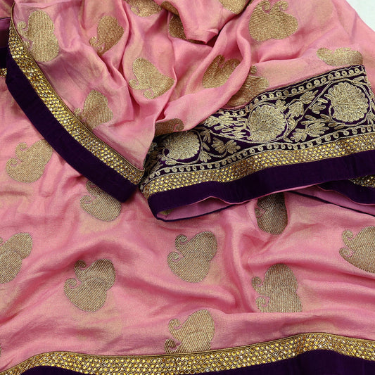 Indian Vintage Heavy Pink Dupatta Pure Georgette Silk Long Stole Hand Embroidered Scarf Zari Zardozi Bridal/ Wedding Veil Hijab