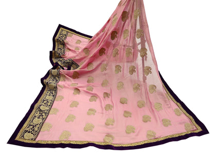 Indian Vintage Heavy Pink Dupatta Pure Georgette Silk Long Stole Hand Embroidered Scarf Zari Zardozi Bridal/ Wedding Veil Hijab