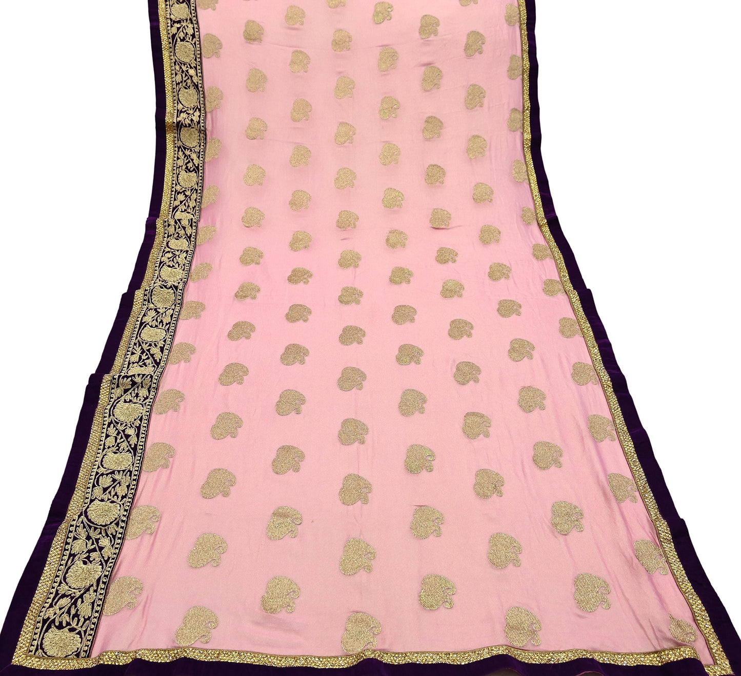 Indian Vintage Heavy Pink Dupatta Pure Georgette Silk Long Stole Hand Embroidered Scarf Zari Zardozi Bridal/ Wedding Veil Hijab