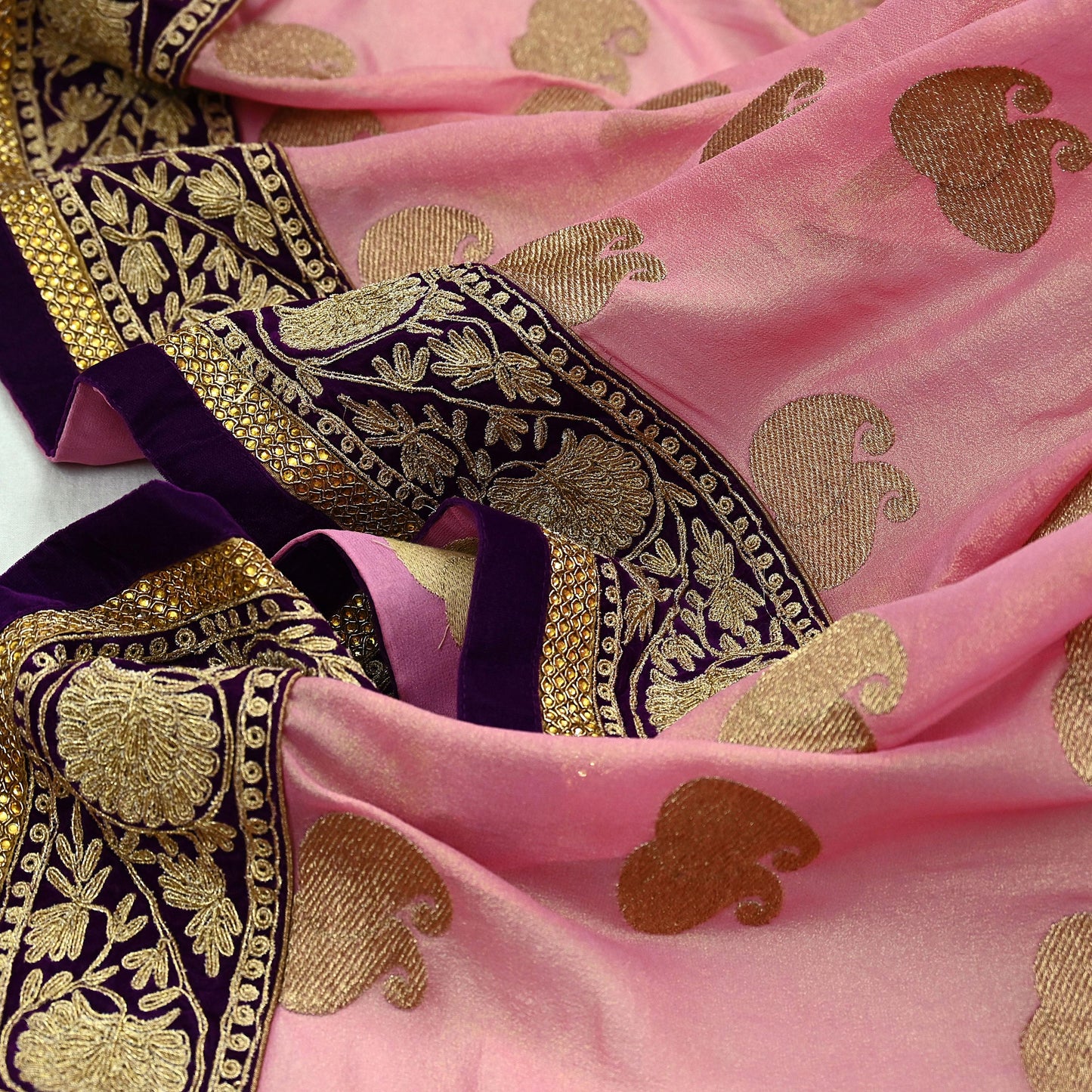 Indian Vintage Heavy Pink Dupatta Pure Georgette Silk Long Stole Hand Embroidered Scarf Zari Zardozi Bridal/ Wedding Veil Hijab