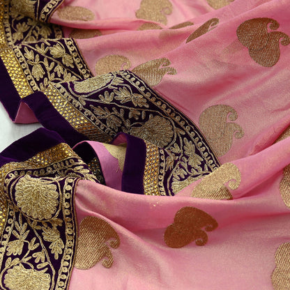 Indian Vintage Heavy Pink Dupatta Pure Georgette Silk Long Stole Hand Embroidered Scarf Zari Zardozi Bridal/ Wedding Veil Hijab
