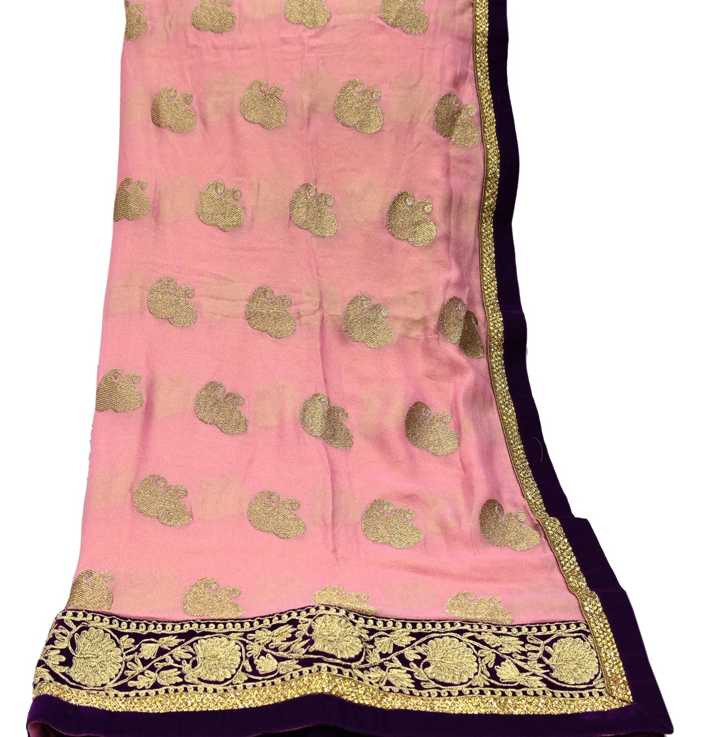 Indian Vintage Heavy Pink Dupatta Pure Georgette Silk Long Stole Hand Embroidered Scarf Zari Zardozi Bridal/ Wedding Veil Hijab