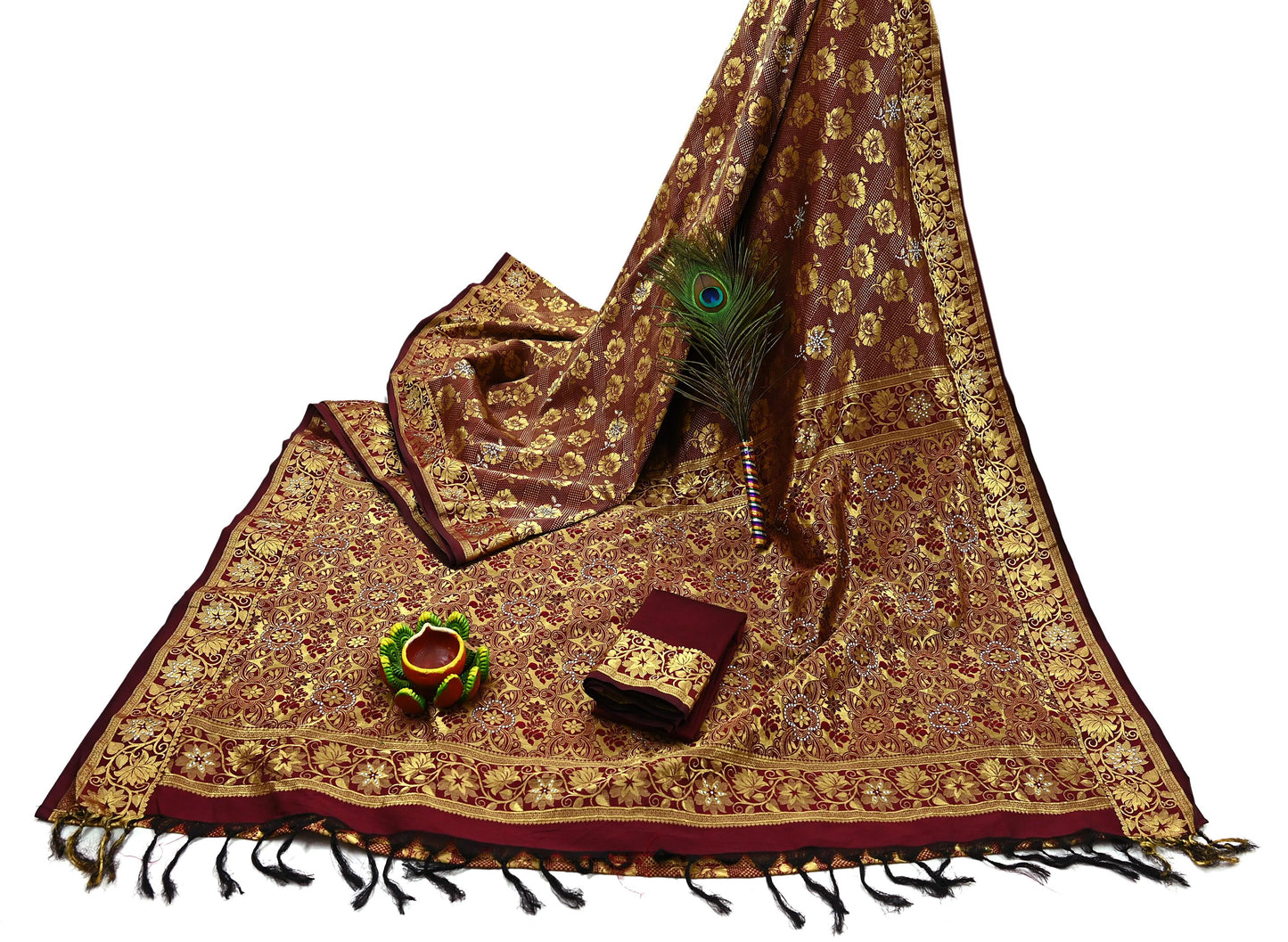 Indian Vintage Heavy Maroon Saree 100% Pure Silk Hand Woven Kanjeevaram Sari 5yd Ethnic Zari Premium Wedding Saree With Blouse Fabric