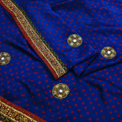 Indian Vintage Blue Saree Hand Embroidered Bandhani Printed Sari 100% Pure Satin Silk Indian Sari Fabric 5yard Soft Craft Fabric Beaded