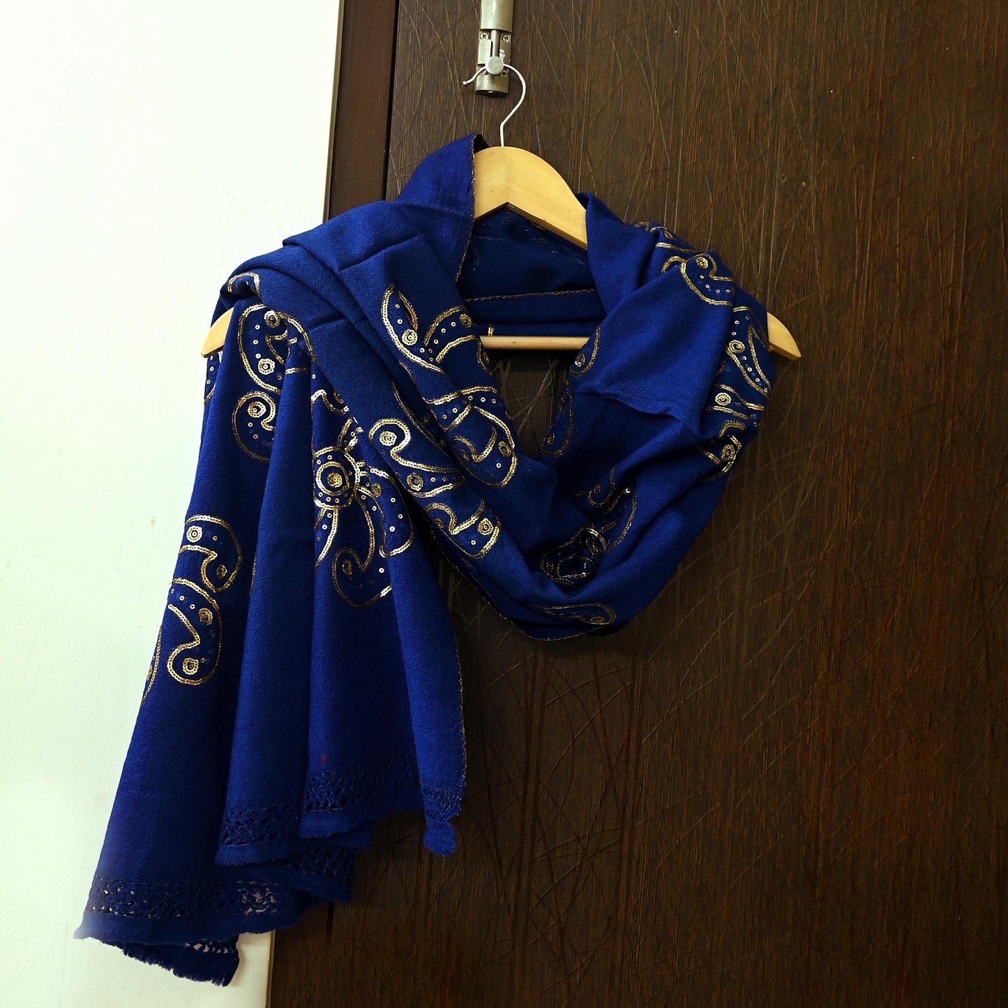 Vintage Shawl Blue Pure Woolen Shawl Handmade Embroidered Long Throw Stole Warm Stole Floral Design