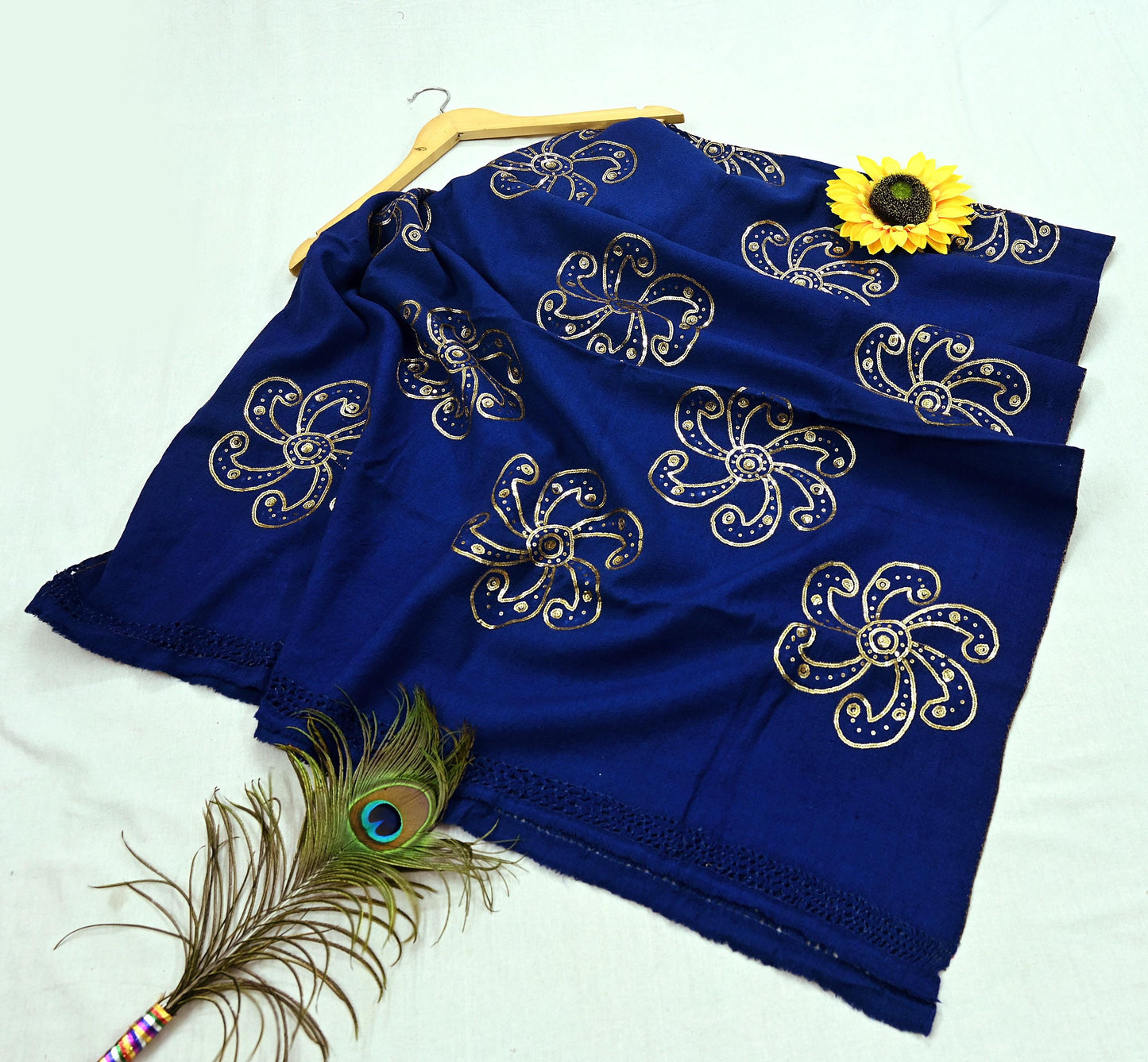 Vintage Shawl Blue Pure Woolen Shawl Handmade Embroidered Long Throw Stole Warm Stole Floral Design
