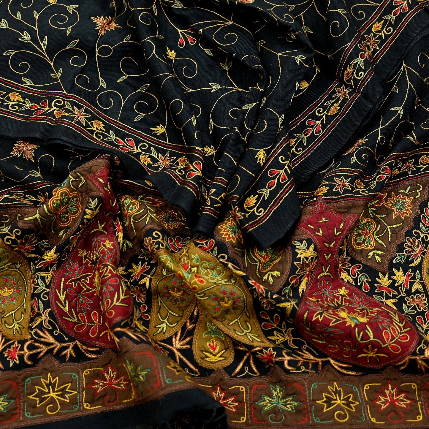 New Black Pure Woolen Shawl Handmade Suzani Long Throw Stole Warm Stole Floral Design