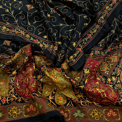 New Black Pure Woolen Shawl Handmade Suzani Long Throw Stole Warm Stole Floral Design