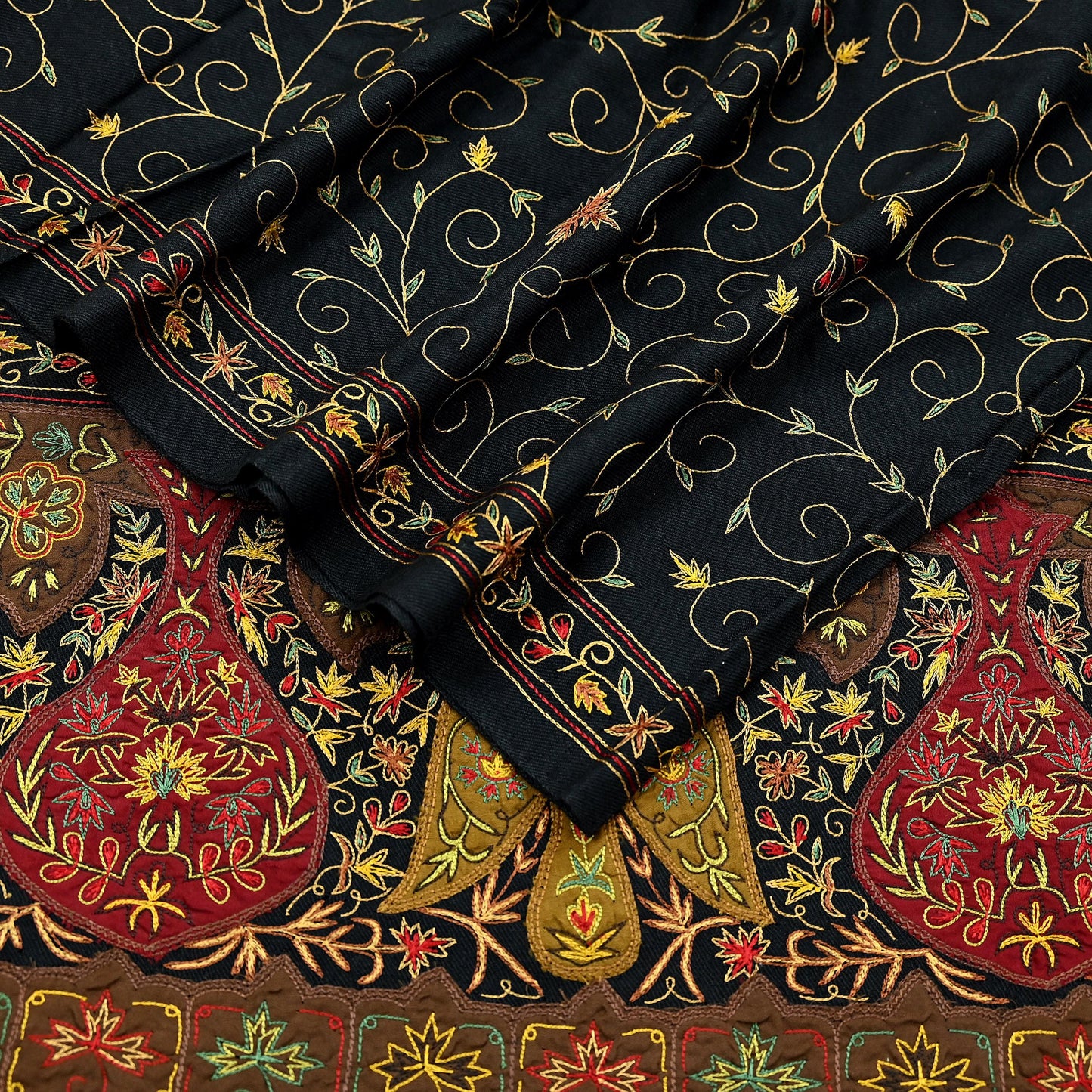 New Black Pure Woolen Shawl Handmade Suzani Long Throw Stole Warm Stole Floral Design