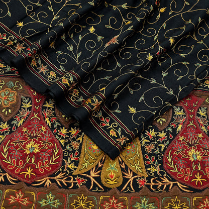 New Black Pure Woolen Shawl Handmade Suzani Long Throw Stole Warm Stole Floral Design