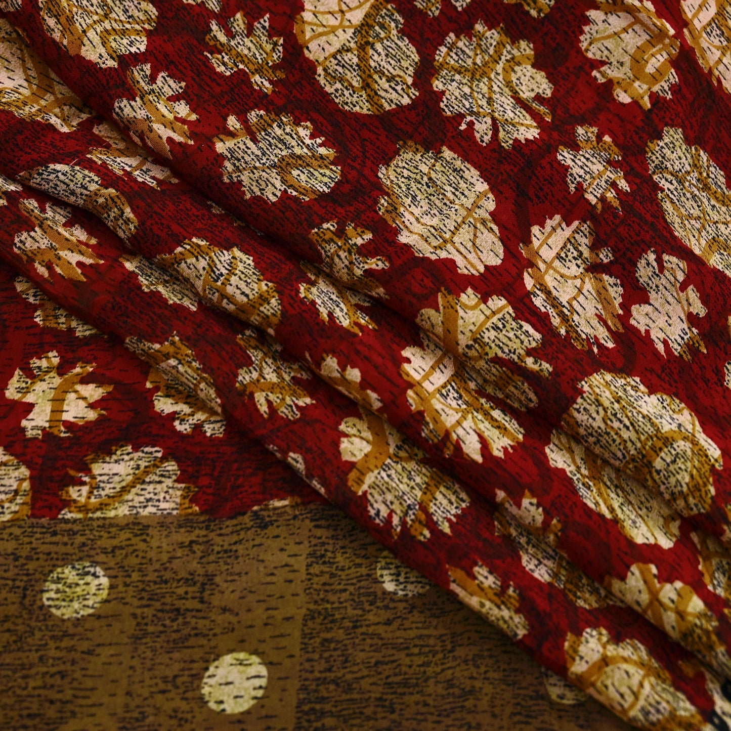 Indian Vintage Sari Red & Brown Pure Georgette Silk Hand Block Printed Saree Sewing 5yd Craft Soft Dress Designing Crafting Floral Quilting