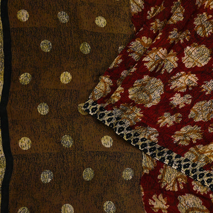 Indian Vintage Sari Red & Brown Pure Georgette Silk Hand Block Printed Saree Sewing 5yd Craft Soft Dress Designing Crafting Floral Quilting