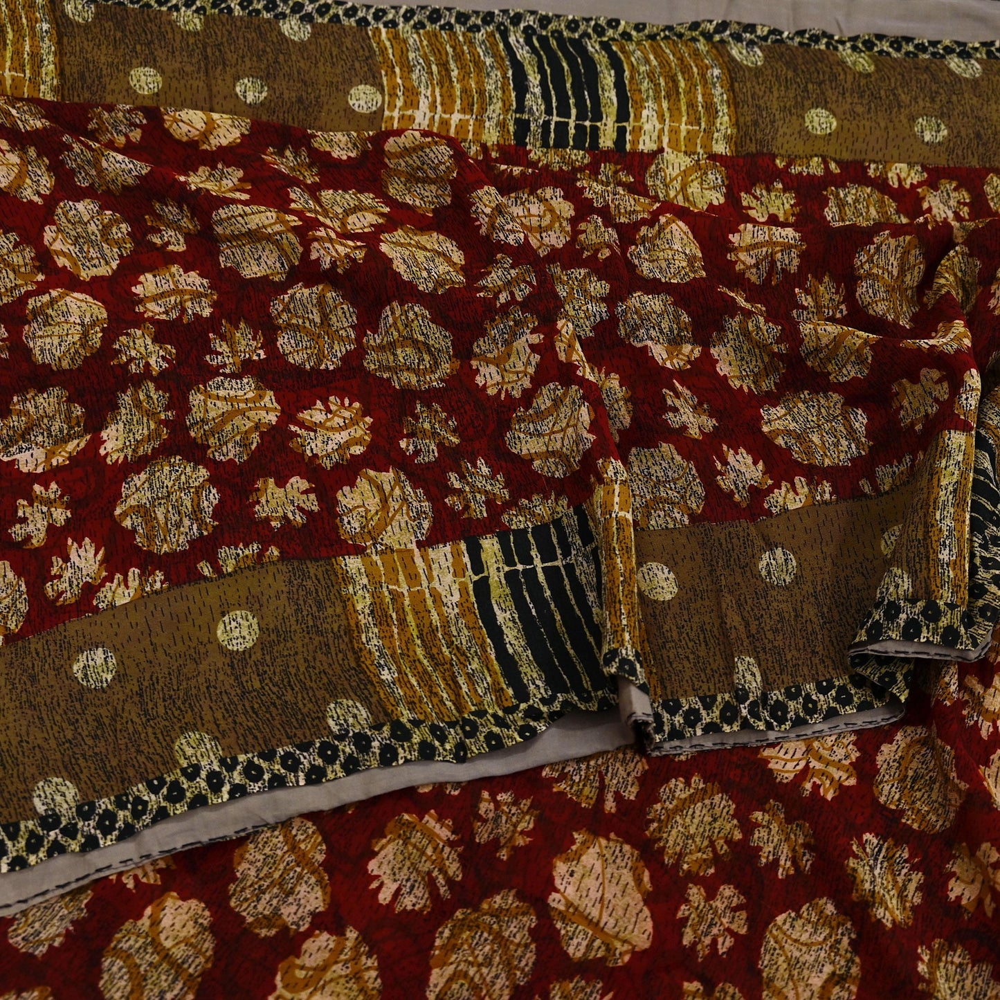 Indian Vintage Sari Red & Brown Pure Georgette Silk Hand Block Printed Saree Sewing 5yd Craft Soft Dress Designing Crafting Floral Quilting