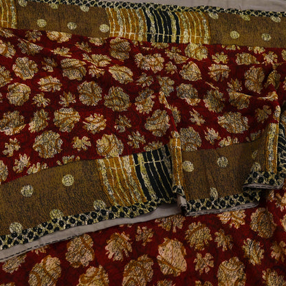 Indian Vintage Sari Red & Brown Pure Georgette Silk Hand Block Printed Saree Sewing 5yd Craft Soft Dress Designing Crafting Floral Quilting