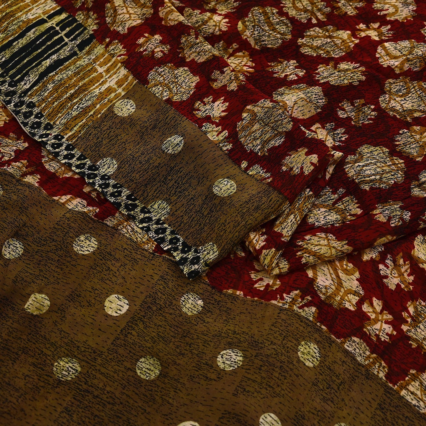 Indian Vintage Sari Red & Brown Pure Georgette Silk Hand Block Printed Saree Sewing 5yd Craft Soft Dress Designing Crafting Floral Quilting