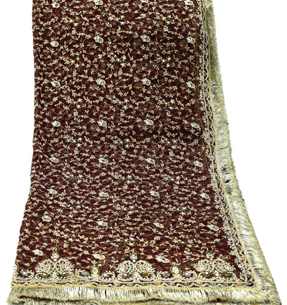 Indian Vintage Heavy Maroon Dupatta Net Mesh Long Stole Hand Embroidered Scarves Zardozi/ Dabka Zari Sequins Stole Bridal/Wedding Wear