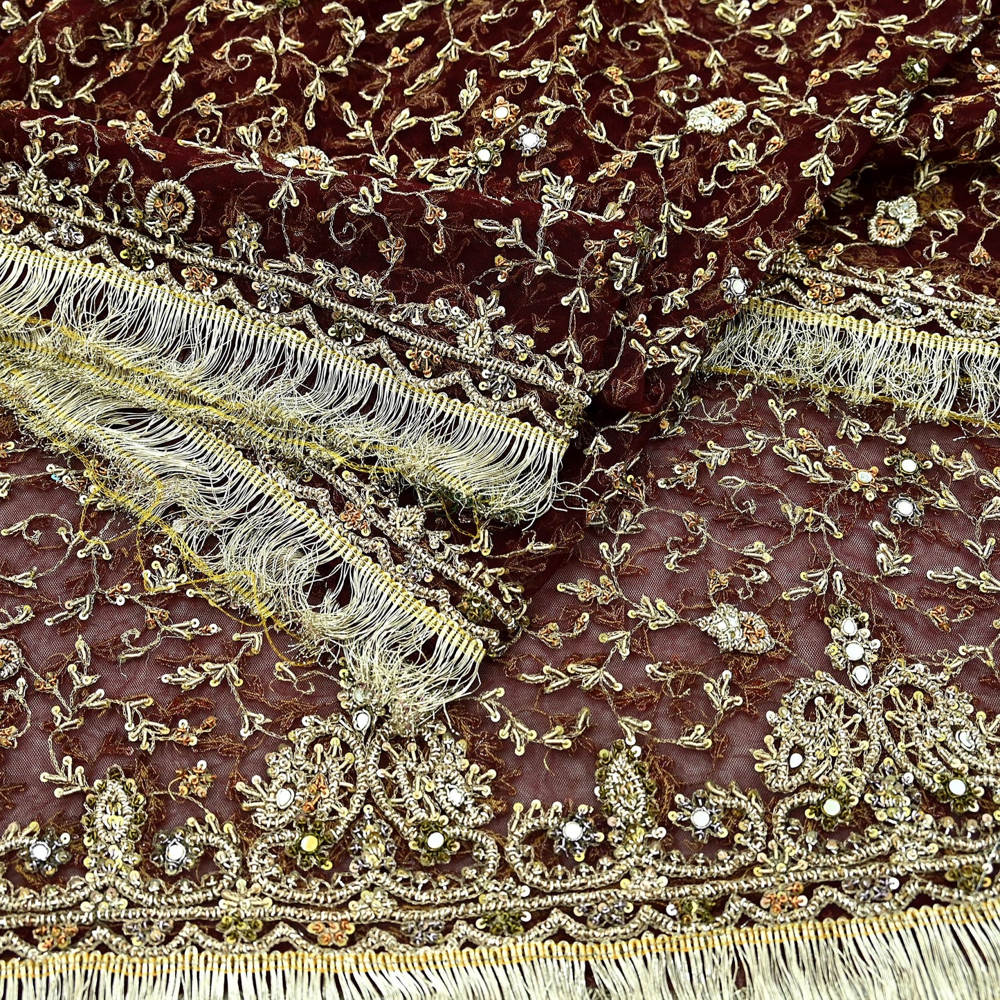 Indian Vintage Heavy Maroon Dupatta Net Mesh Long Stole Hand Embroidered Scarves Zardozi/ Dabka Zari Sequins Stole Bridal/Wedding Wear