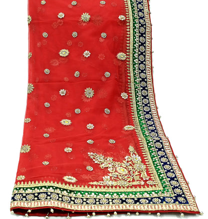 Indian Vintage Heavy Bridal Red Dupatta Net Mesh Long Stole Hand Embroidered Scarves Golden Zardozi Dabka Zari Sequins Wedding Veil Hijab