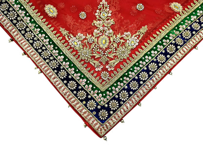 Indian Vintage Heavy Bridal Red Dupatta Net Mesh Long Stole Hand Embroidered Scarves Golden Zardozi Dabka Zari Sequins Wedding Veil Hijab