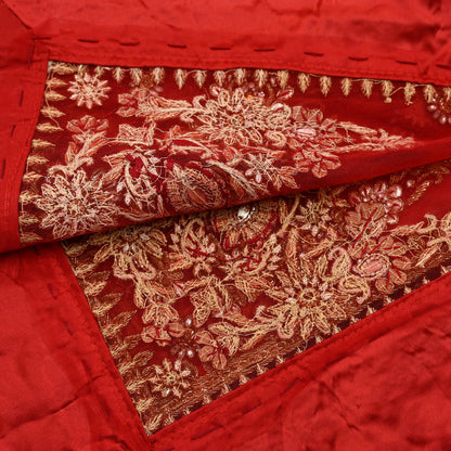 Indian Vintage Heavy Bridal Red Dupatta Net Mesh Long Stole Hand Embroidered Scarves Golden Zardozi Dabka Zari Sequins Wedding Veil Hijab