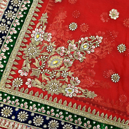 Indian Vintage Heavy Bridal Red Dupatta Net Mesh Long Stole Hand Embroidered Scarves Golden Zardozi Dabka Zari Sequins Wedding Veil Hijab