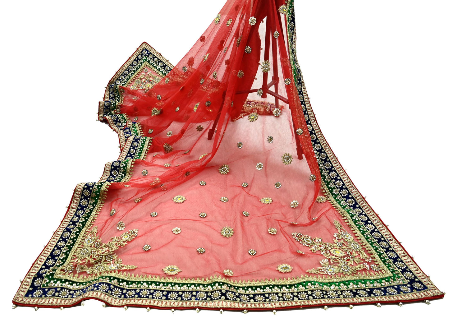 Indian Vintage Heavy Bridal Red Dupatta Net Mesh Long Stole Hand Embroidered Scarves Golden Zardozi Dabka Zari Sequins Wedding Veil Hijab