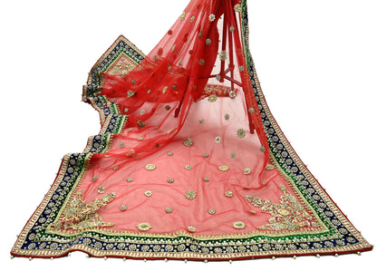 Indian Vintage Heavy Bridal Red Dupatta Net Mesh Long Stole Hand Embroidered Scarves Golden Zardozi Dabka Zari Sequins Wedding Veil Hijab