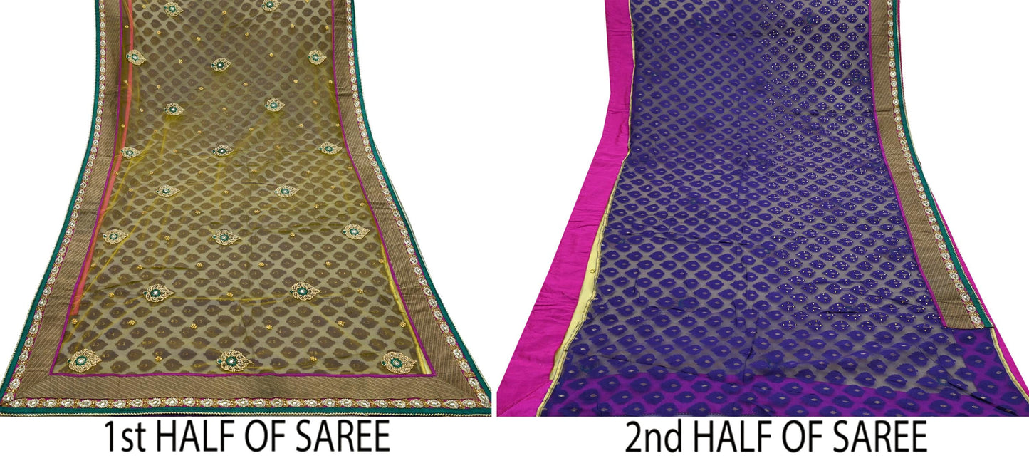 Indian Vintage Heavy Sari Net/Mesh Embroidered Sarees Fabric 5Yd Sewing Soft Sequins Floral Zari Bridal/wedding Saris Bollywood