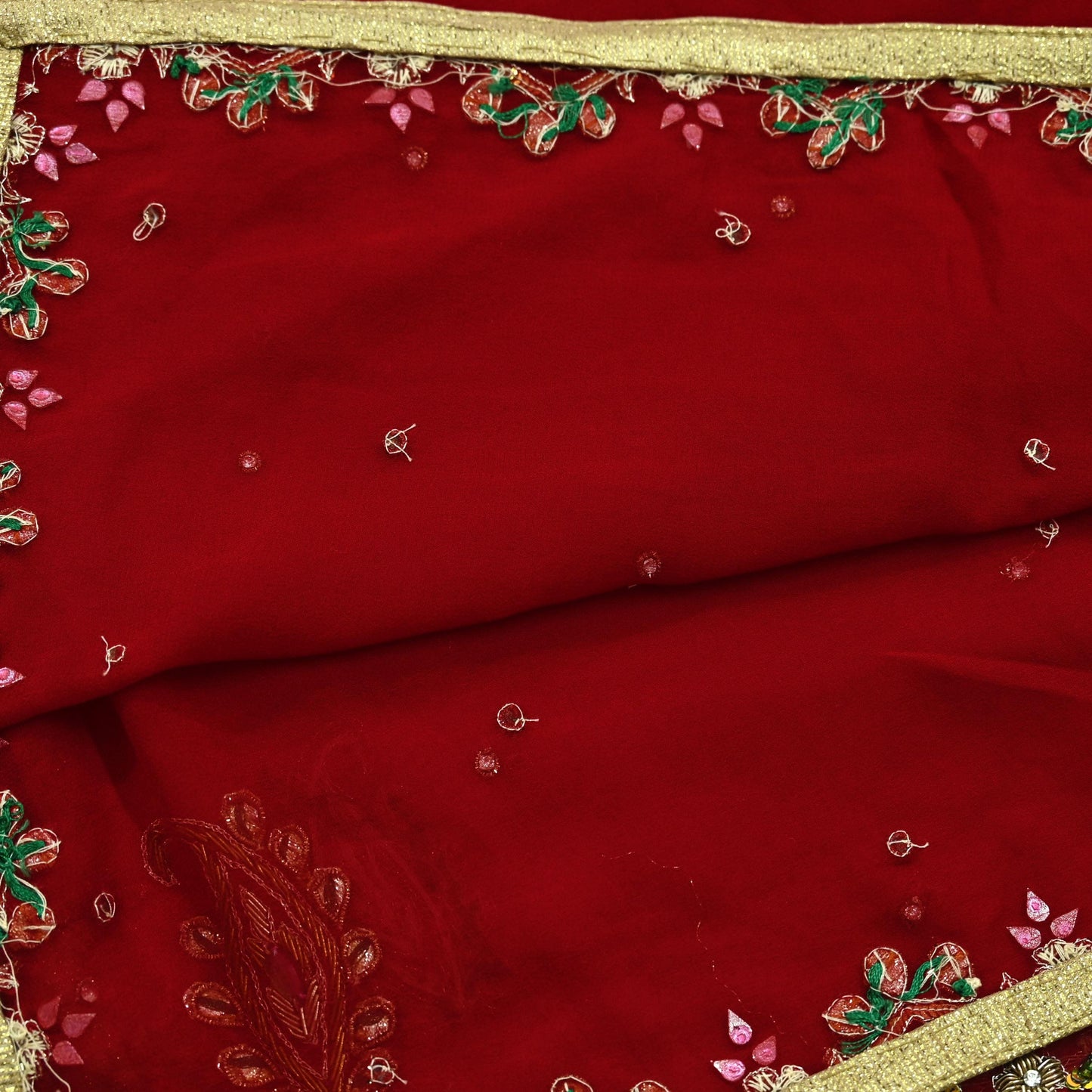 Indian Vintage Dupatta Red Long Stole Pure Georgette Silk Hand Embroidered Scarves Veil Hijab Floral Zari Dabka Zardozi