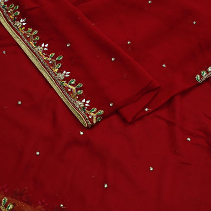 Indian Vintage Dupatta Red Long Stole Pure Georgette Silk Hand Embroidered Scarves Veil Hijab Floral Zari Dabka Zardozi