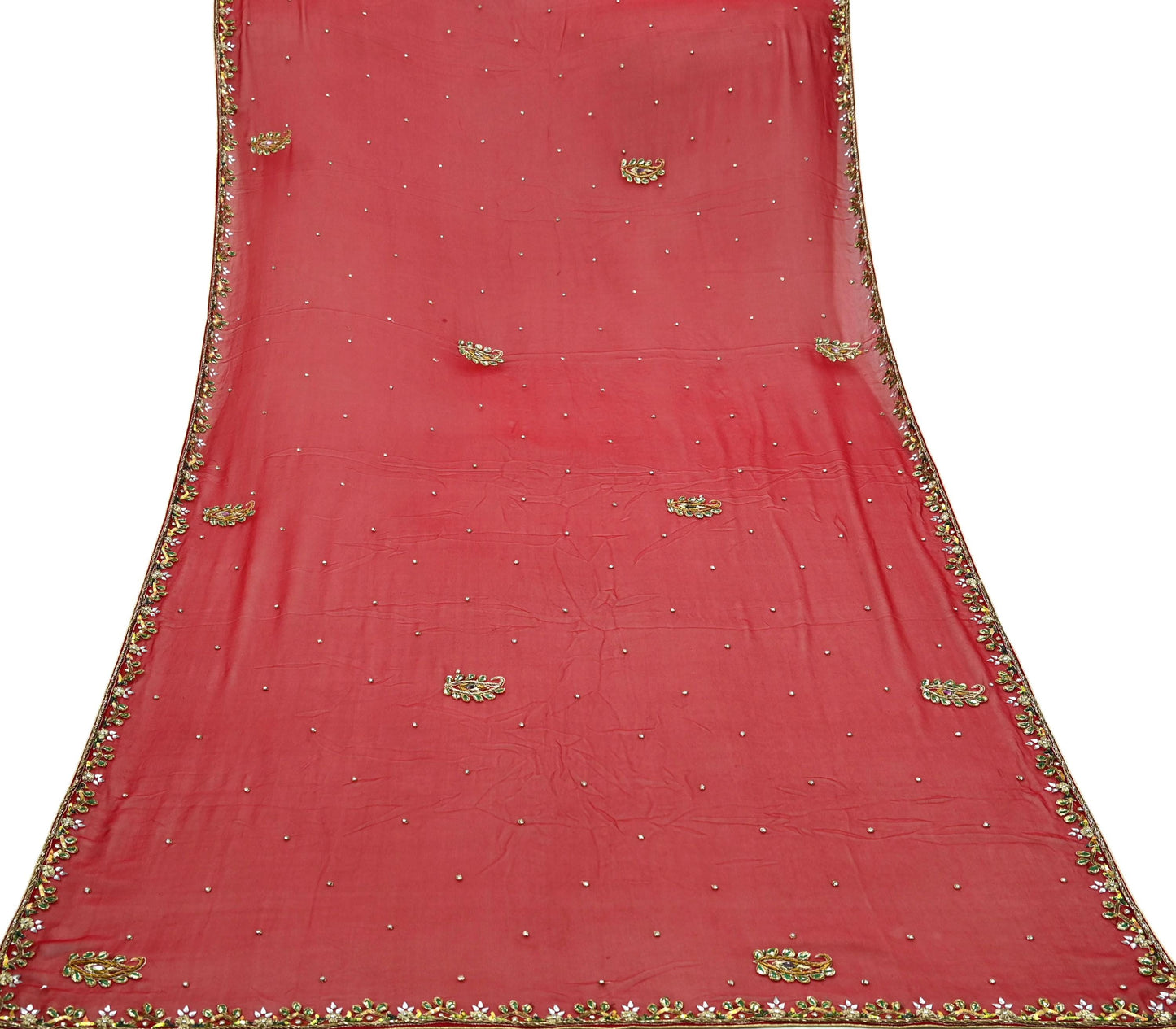 Indian Vintage Dupatta Red Long Stole Pure Georgette Silk Hand Embroidered Scarves Veil Hijab Floral Zari Dabka Zardozi