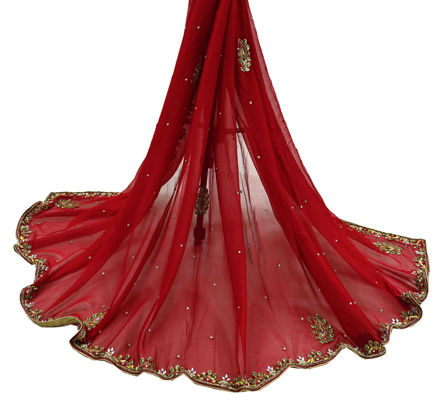 Indian Vintage Dupatta Red Long Stole Pure Georgette Silk Hand Embroidered Scarves Veil Hijab Floral Zari Dabka Zardozi